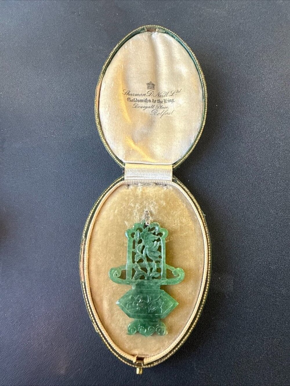 Large Antique Hand Carved Jade Pendant Uncut Diamonds on Bale